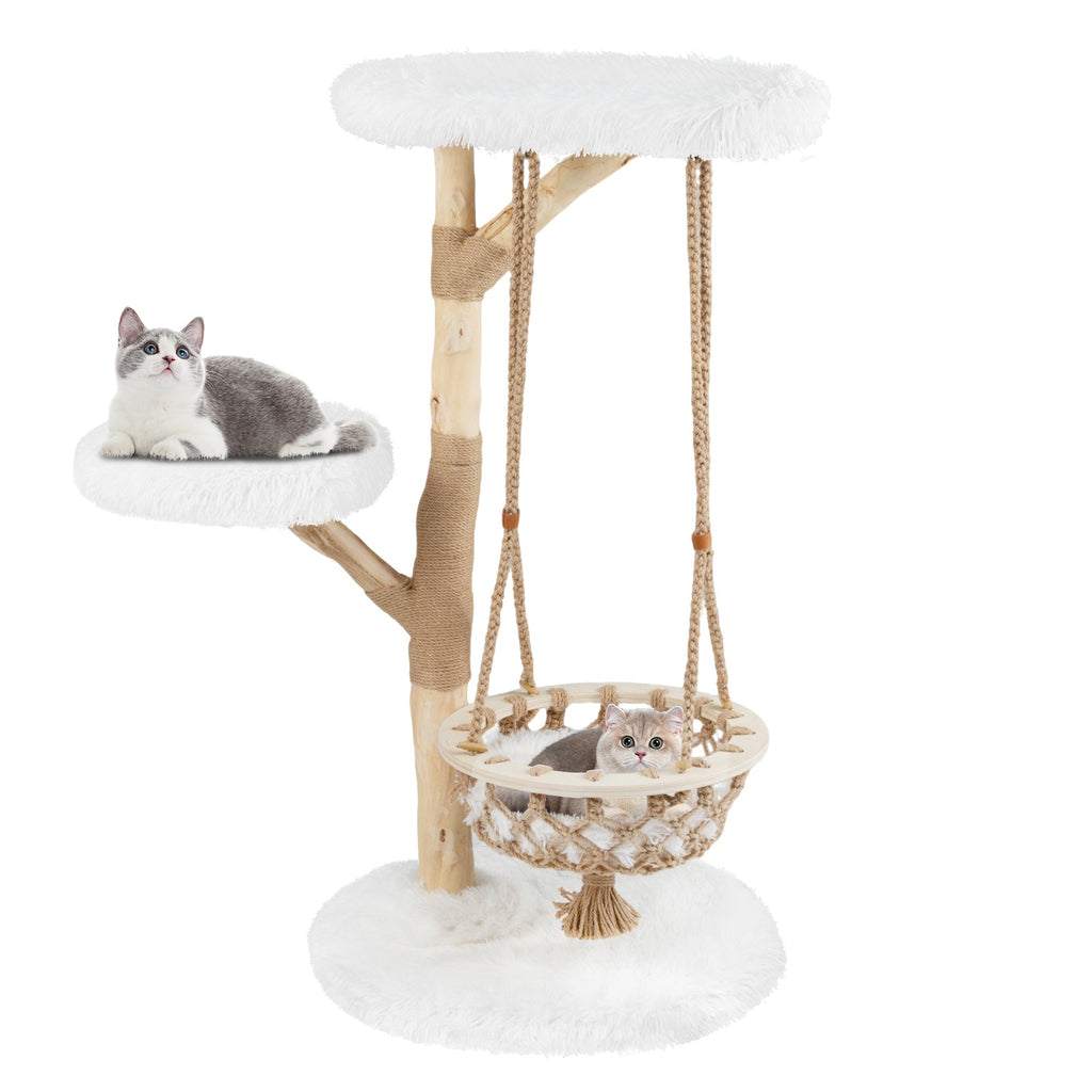 48.5 Inch Solid Wood Cat Tree with Hanging Cradle and Jute Scratching Post-White