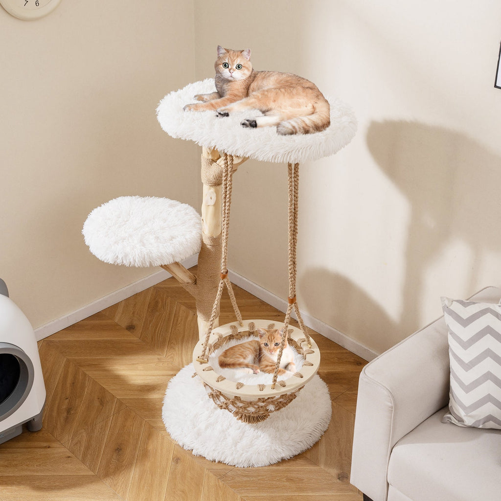 48.5 Inch Solid Wood Cat Tree with Hanging Cradle and Jute Scratching Post-White