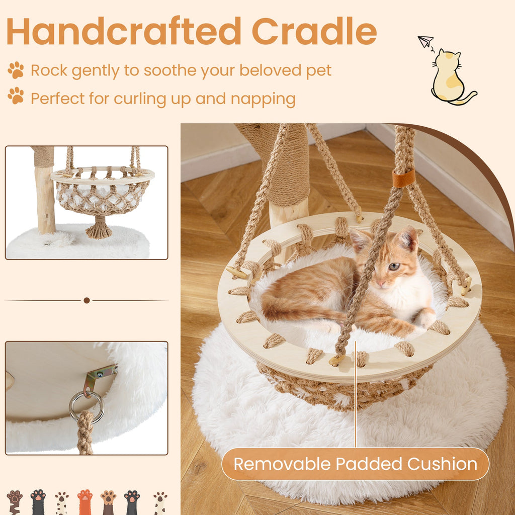 48.5 Inch Solid Wood Cat Tree with Hanging Cradle and Jute Scratching Post-White