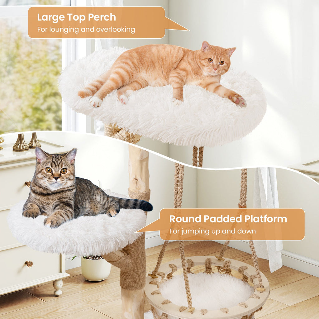 48.5 Inch Solid Wood Cat Tree with Hanging Cradle and Jute Scratching Post-White