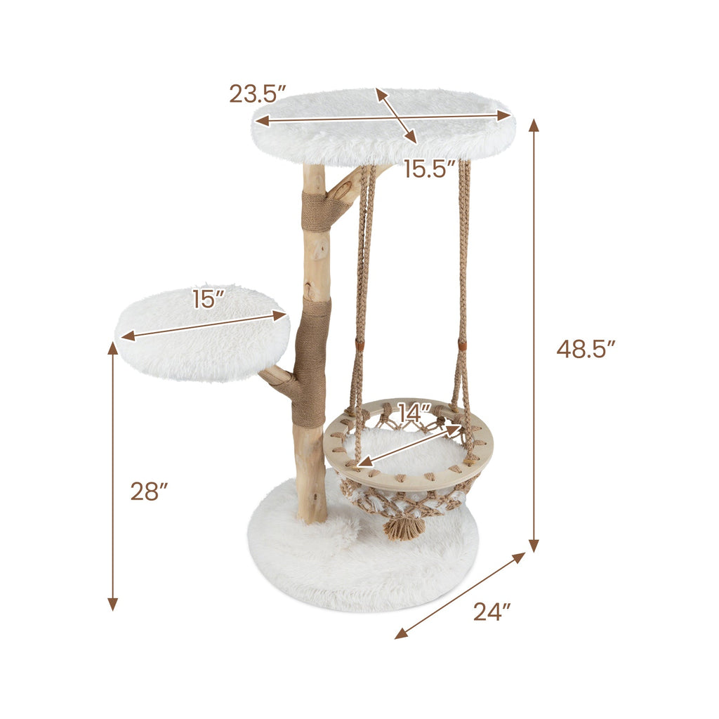 48.5 Inch Solid Wood Cat Tree with Hanging Cradle and Jute Scratching Post-White